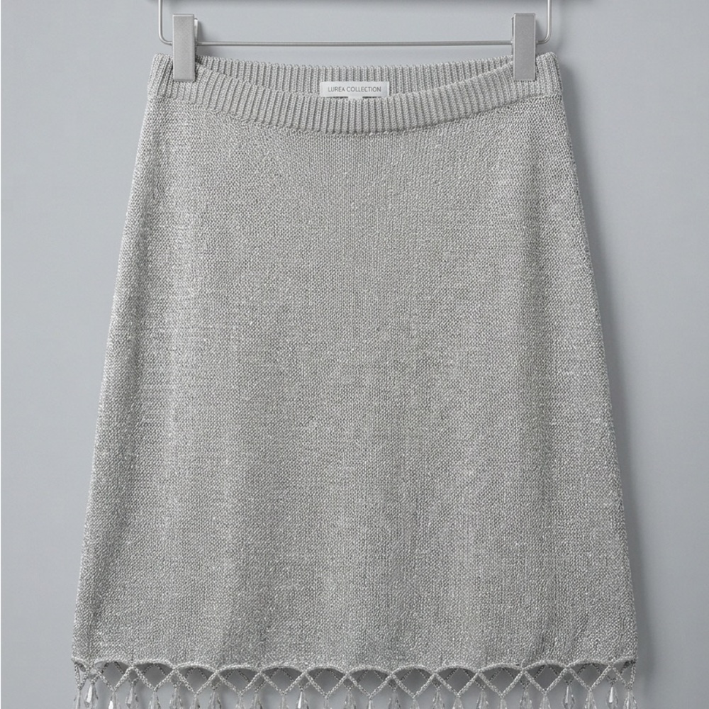 Silver Sparkly Knit Mini Skort with Crystal Fringe Hem